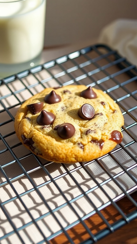A single golden brown chocolate chip cookie on a cooling rack with melted chocolate chips.